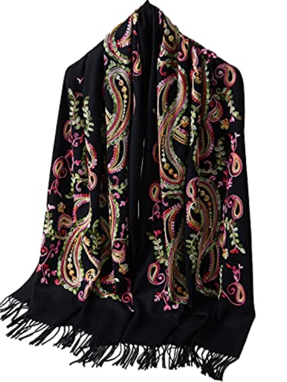 Embroidered Brushed Shawl Paisley Leaves Wrap with Fringes Soft Poncho Cape - Picture 2 of 4